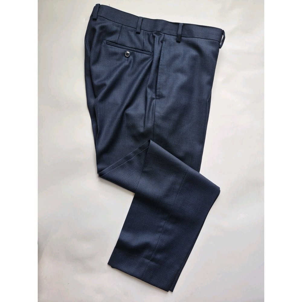 Bespoke Men's Flat Front Wool Dress Pants 36x29 Blue Bird's Eye